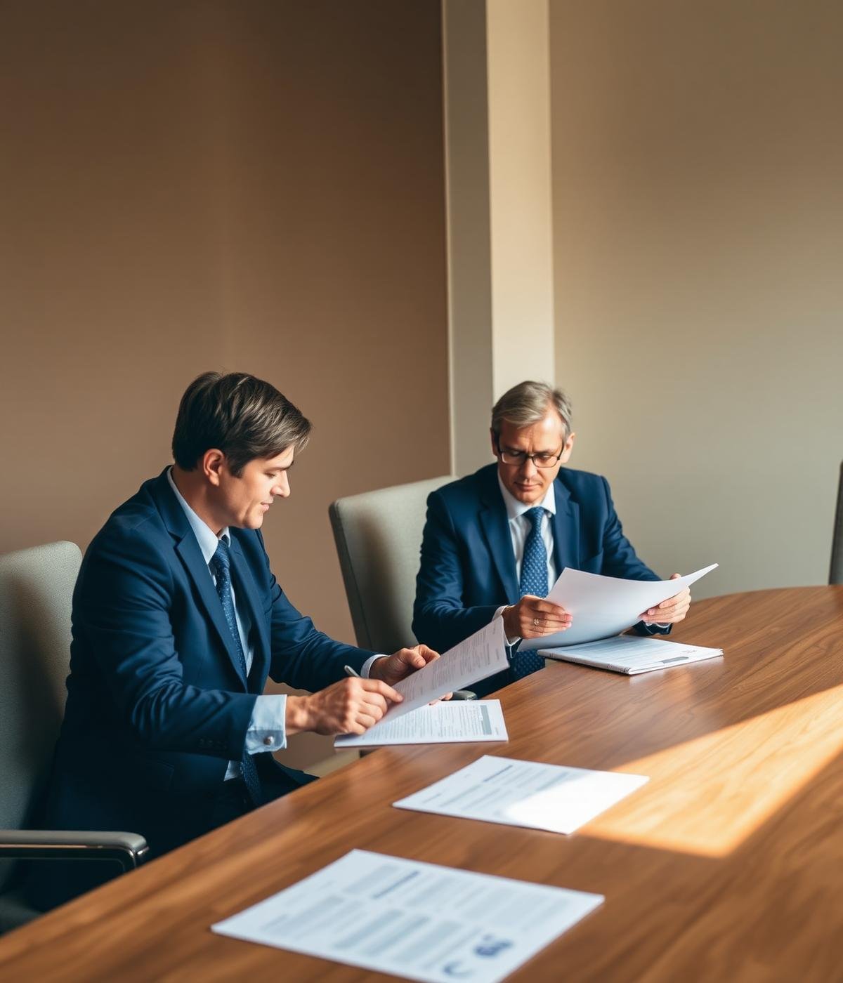 Two Triple Eight partners reviewing a client file together across the boardroom table